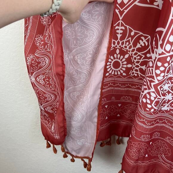 Dusty Rust Mauve / White Open Tassel Bohemian Western Kimono Coverup One Size - Picture 6 of 6